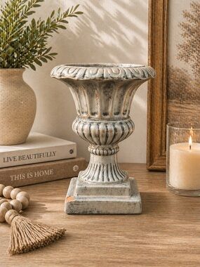 Distressed Resin Urn Planter Rustic Farmhouse Pedestal Decor